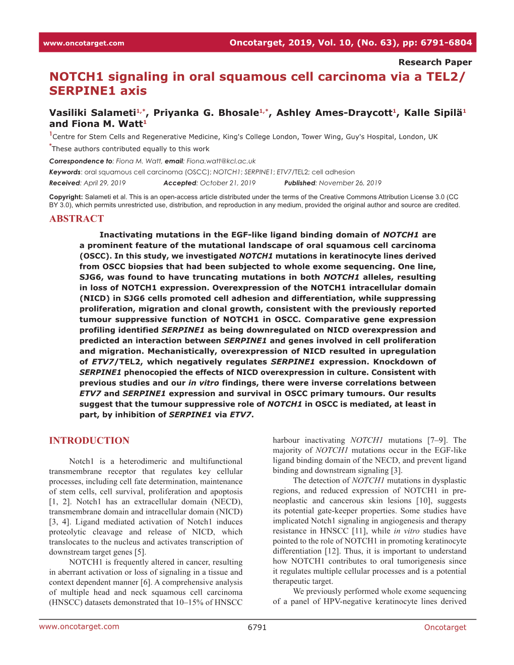 NOTCH1 Signaling in Oral Squamous Cell Carcinoma Via a TEL2/ SERPINE1 Axis