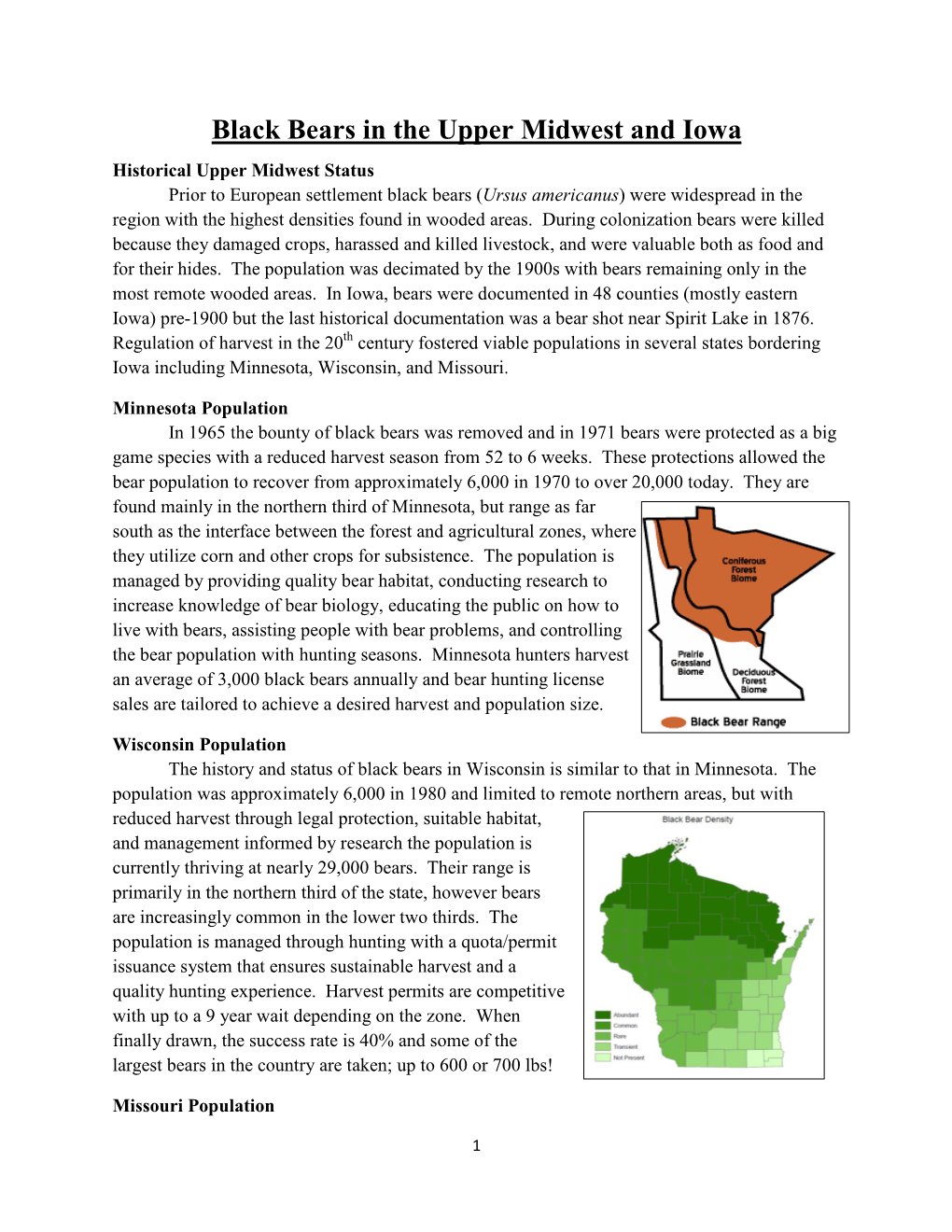 Black Bears in the Upper Midwest and Iowa