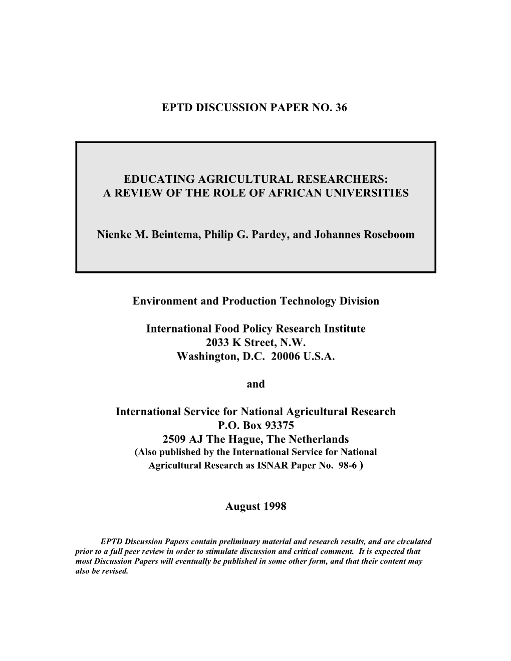 Educating Agricultural Researchers: a Review of the Role of African Universities