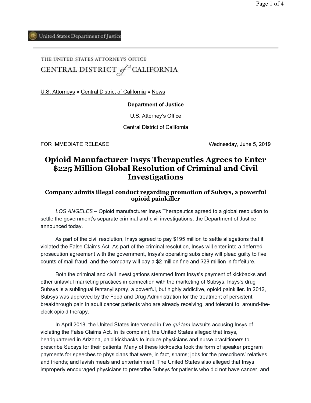 190605 Opioid Manufacturer Insys Therapeutics.Pdf