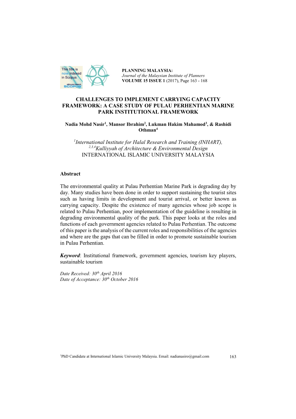 A Case Study of Pulau Perhentian Marine Park Institutional Framework