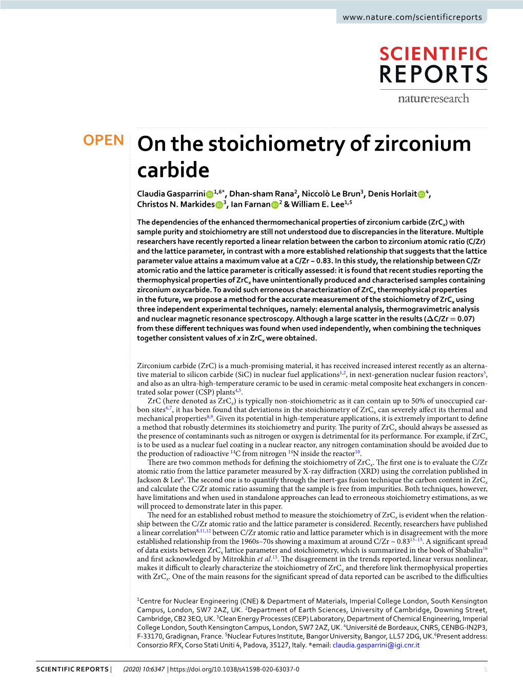 On the Stoichiometry of Zirconium Carbide Claudia Gasparrini 1,6*, Dhan-Sham Rana2, Niccolò Le Brun3, Denis Horlait 4, Christos N