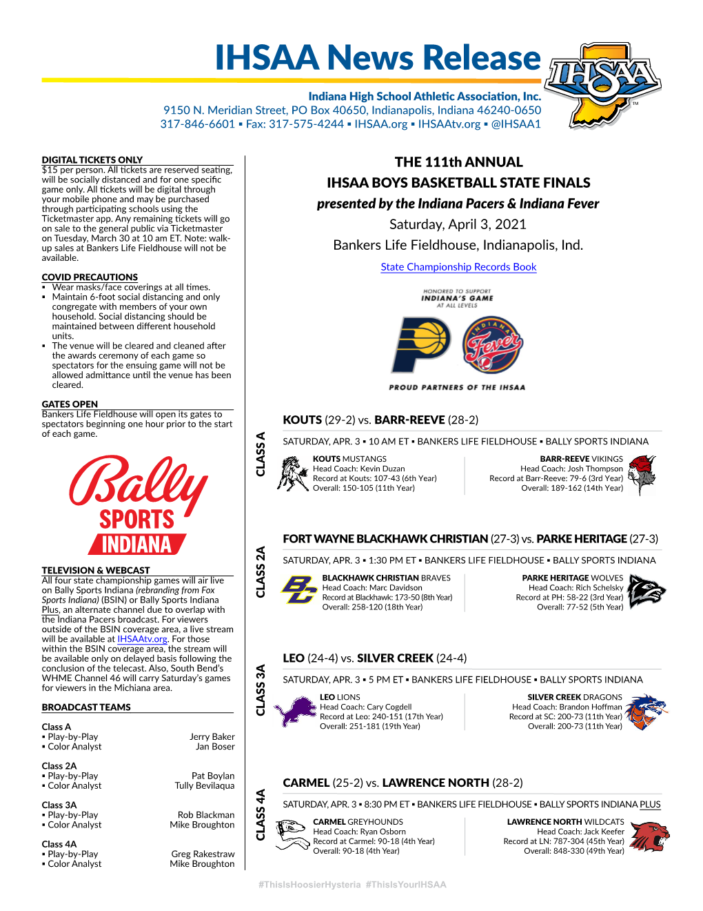 IHSAA News Release