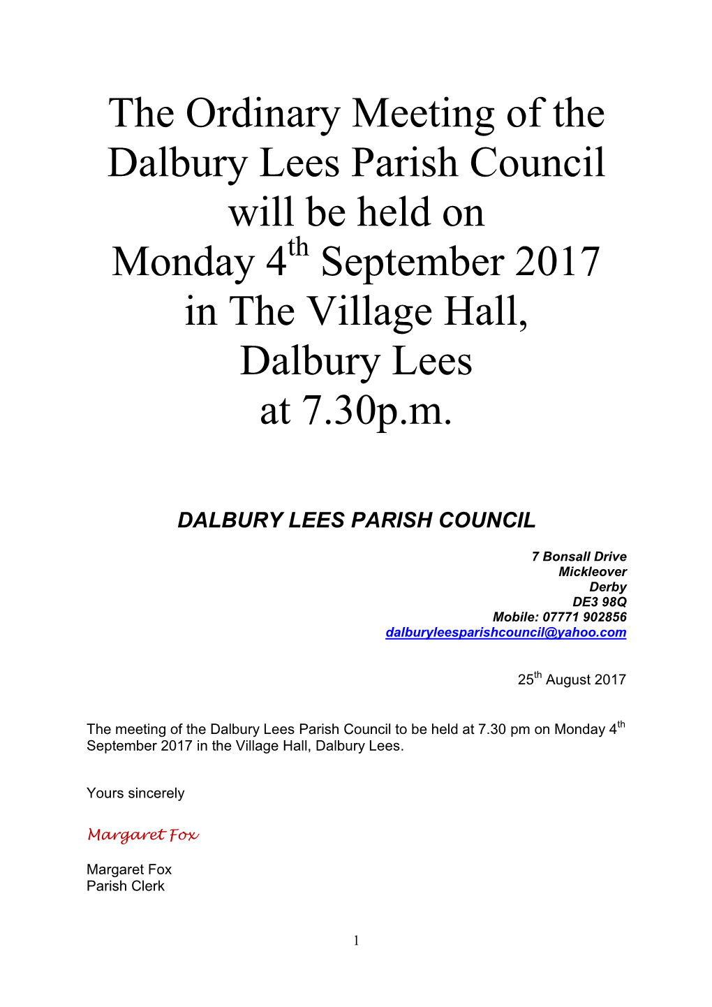 Agenda, Parish Council 2017 09 04