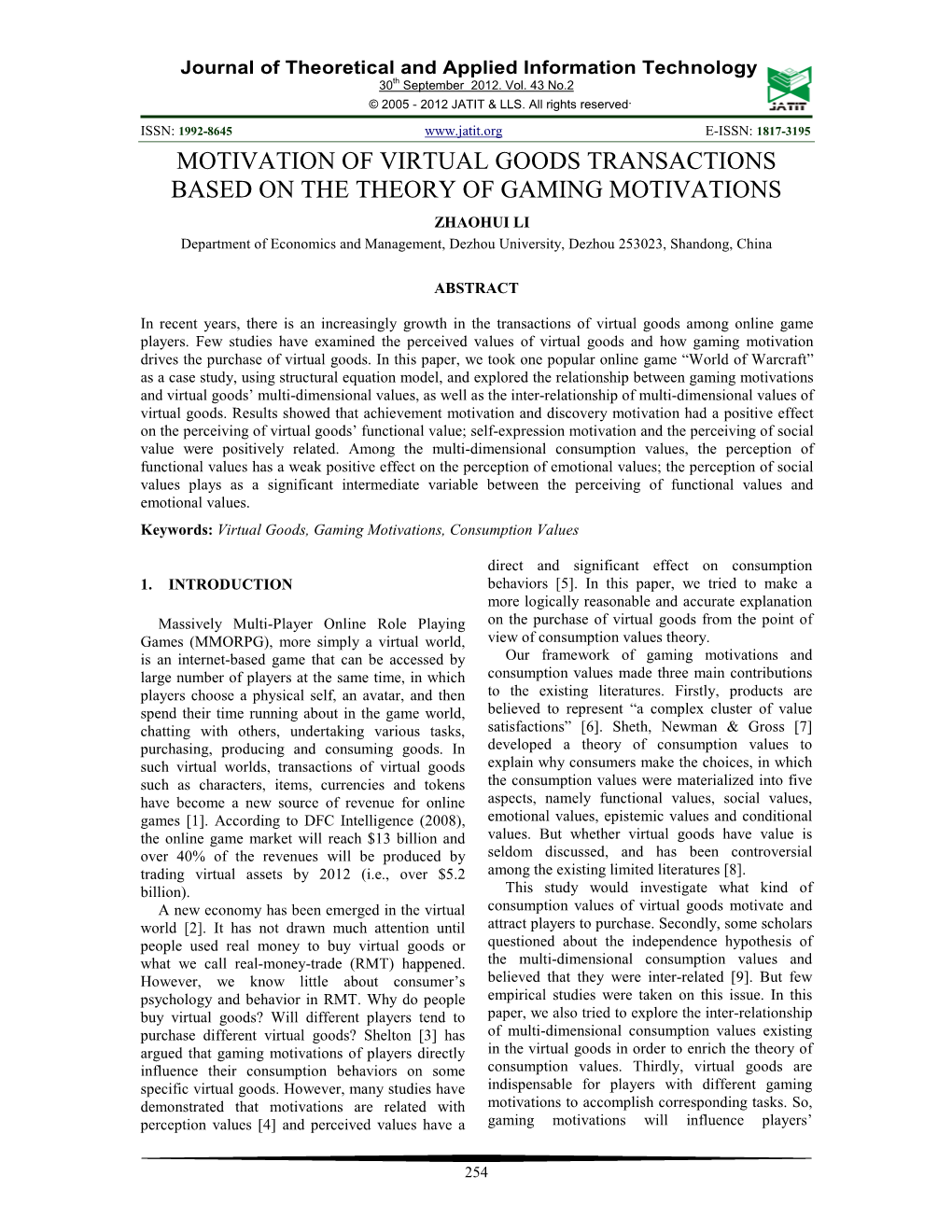 Motivation of Virtual Goods Transactions Based on The