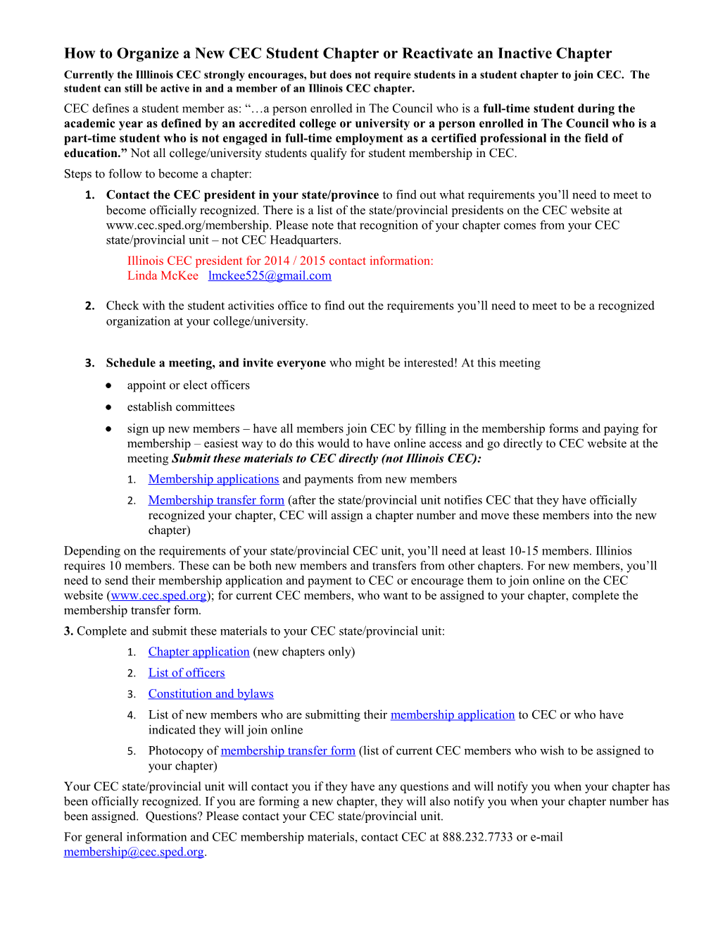 How to Organize a New CEC Student Chapter Or Reactivate an Inactive Chapter