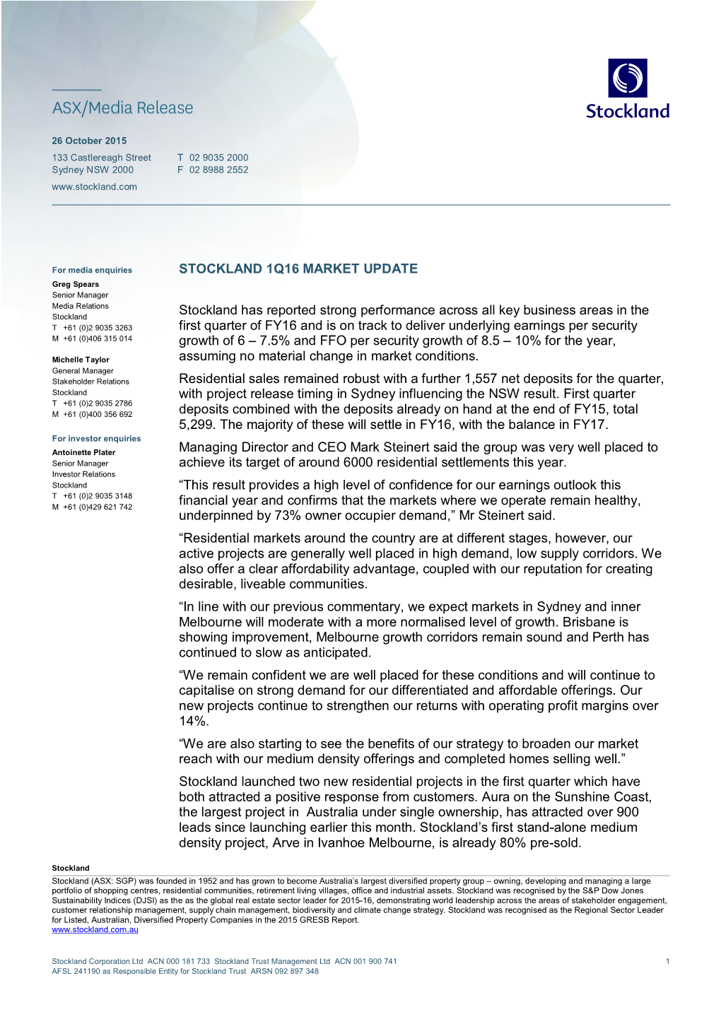 Stockland 1Q16 Market Update