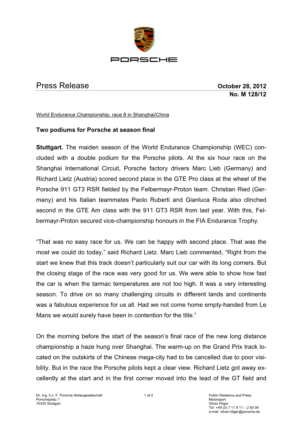 Press Release October 28, 2012 No
