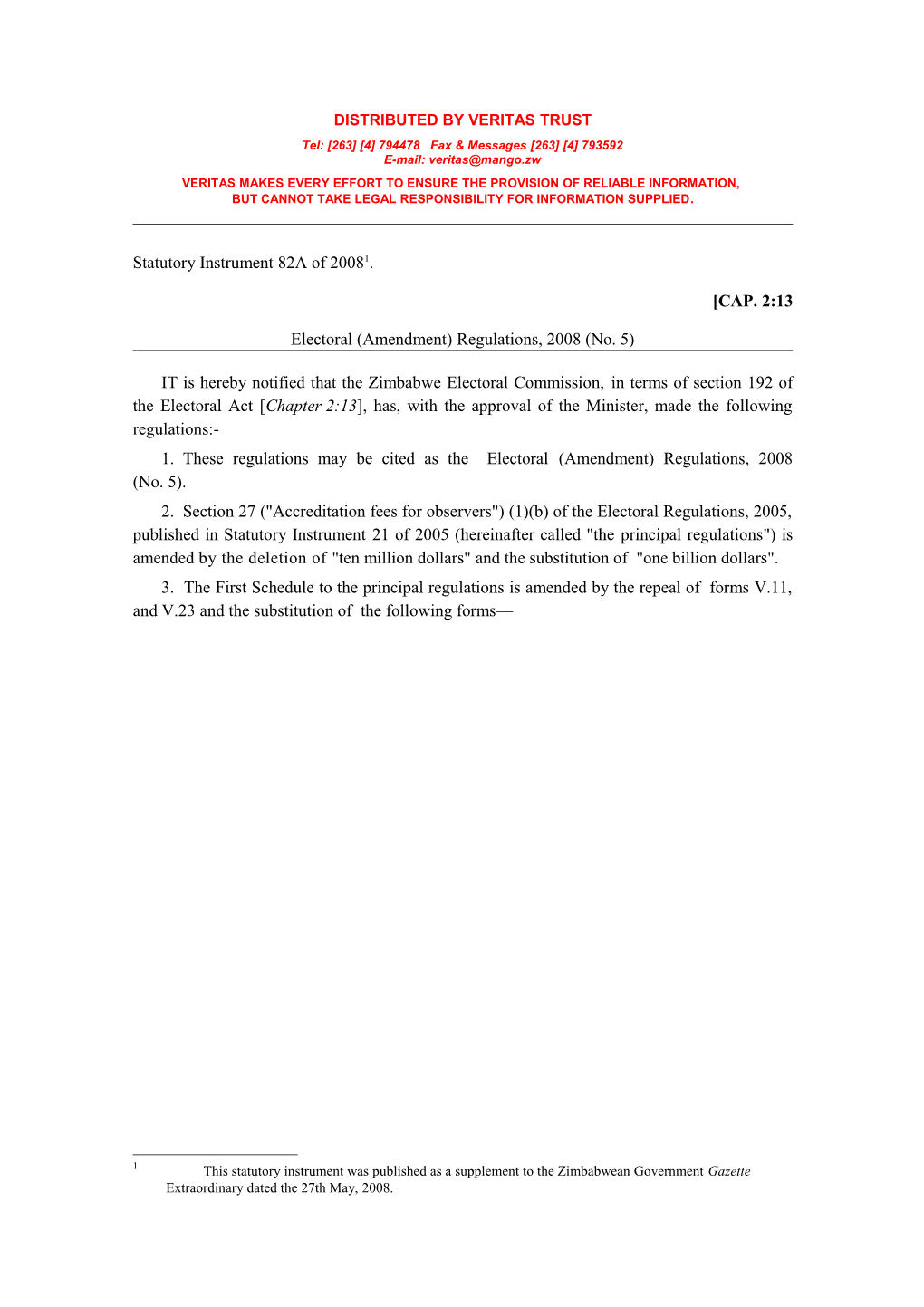 SI 2008-82A - Electoral Amendment Regs No. 5 - New Forms