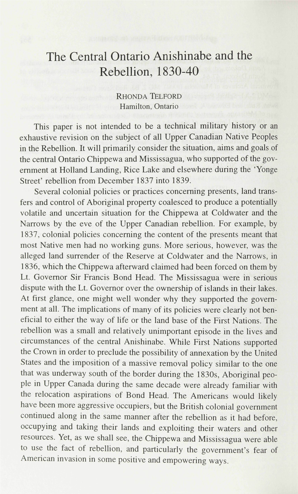 The Central Ontario Anishinabe and the Rebellion, 1830-40