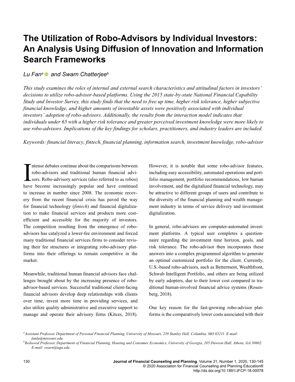 The Utilization of Robo-Advisors by Individual Investors: an Analysis Using Diffusion of Innovation and Information Search Frameworks