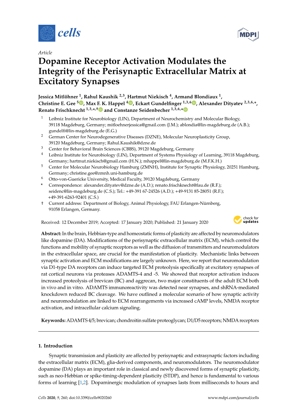 Dopamine Receptor Activation Modulates the Integrity of the Perisynaptic Extracellular Matrix at Excitatory Synapses