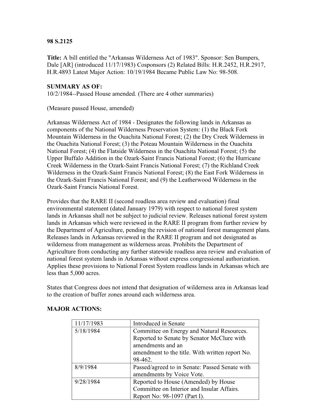 98 S.2125 Title: a Bill Entitled the "Arkansas Wilderness Act of 1983