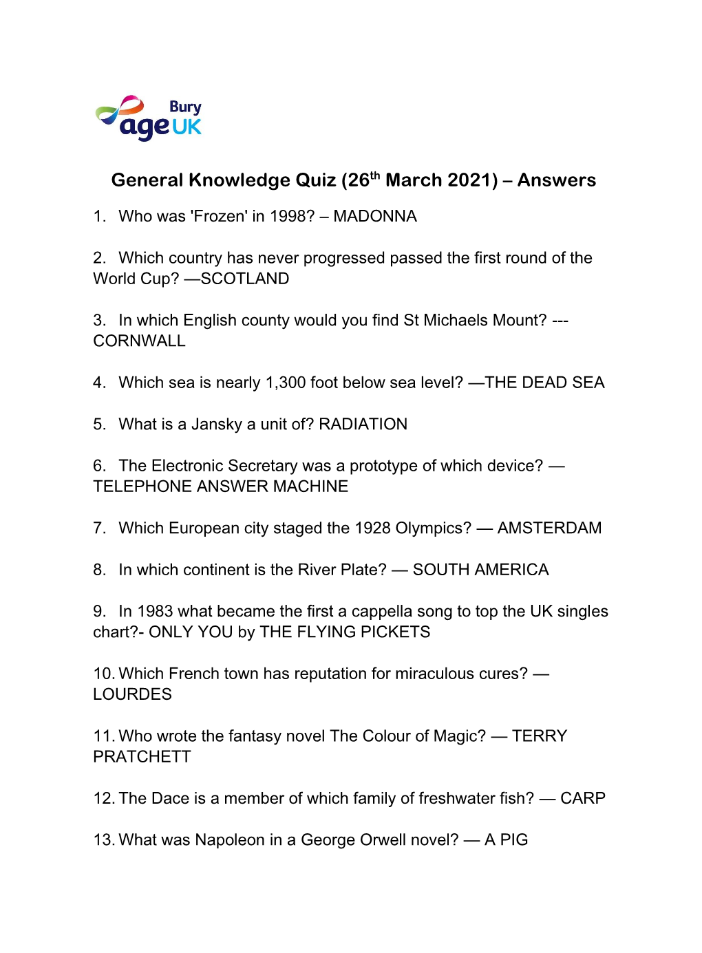 General Knowledge Quiz (26Th March 2021) – Answers