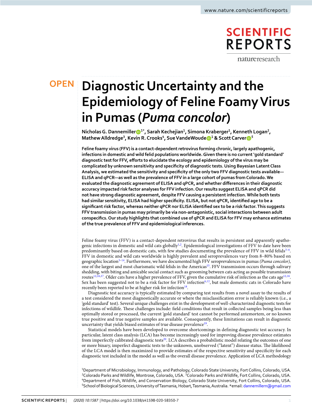 Diagnostic Uncertainty and the Epidemiology of Feline Foamy Virus in Pumas (Puma Concolor) Nicholas G