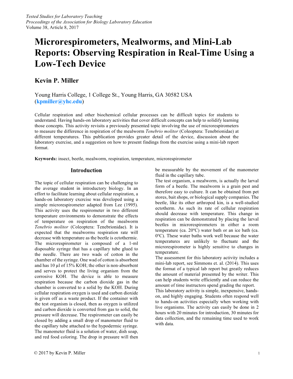 Microrespirometers, Mealworms, and Mini-Lab Reports: Observing Respiration in Real-Time Using a Low-Tech Device