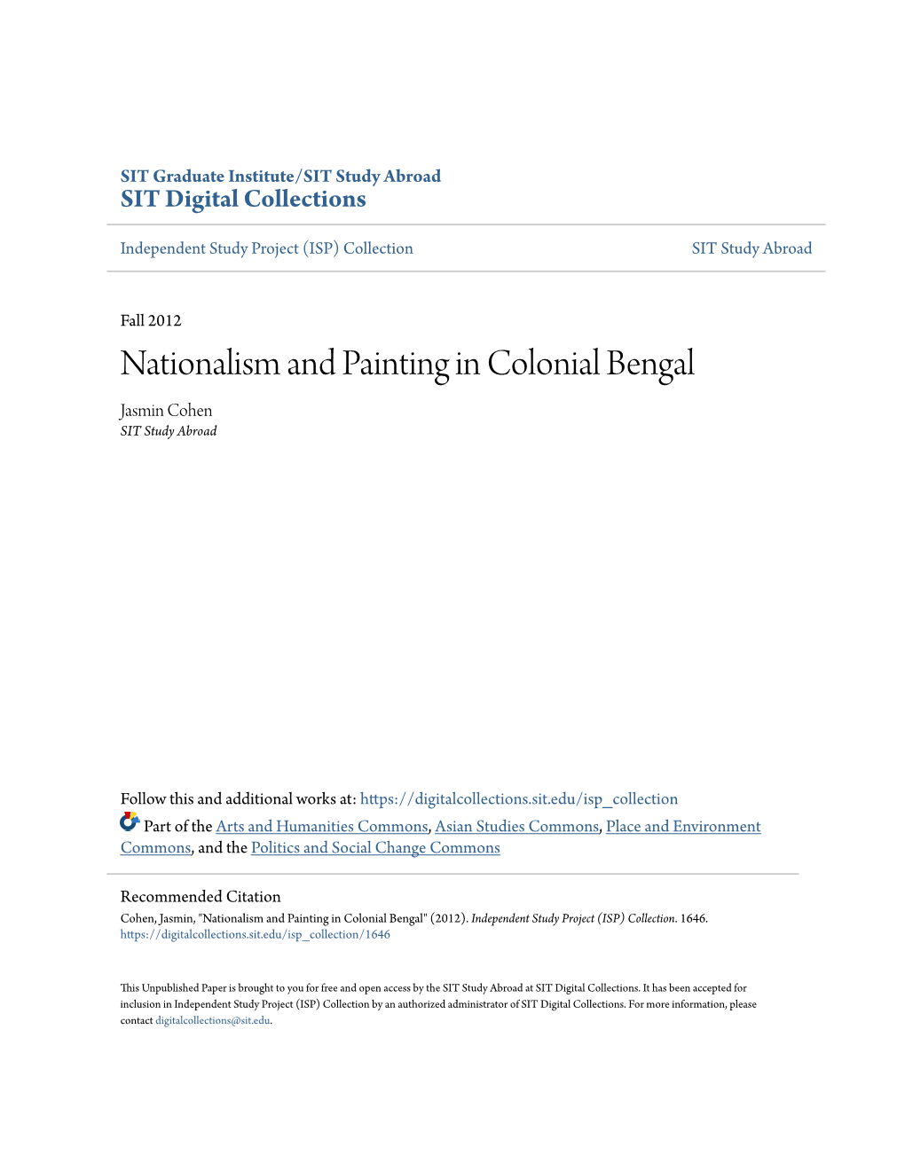 Nationalism and Painting in Colonial Bengal Jasmin Cohen SIT Study Abroad