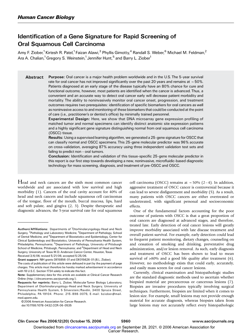 Identification of a Gene Signature for Rapid Screening of Oral Squamous Cell Carcinoma Amy F