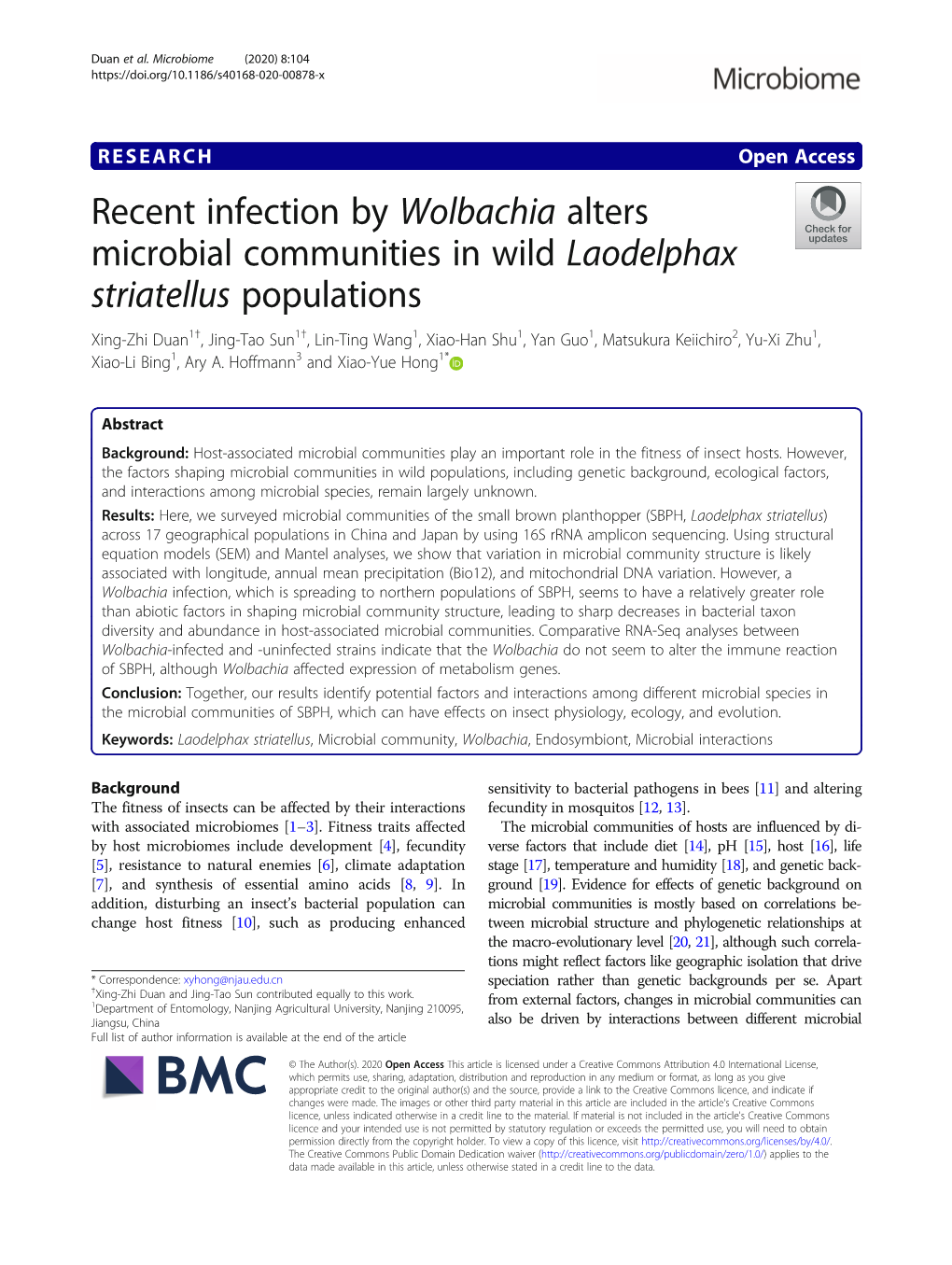 Recent Infection by Wolbachia Alters Microbial Communities in Wild Laodelphax Striatellus Populations