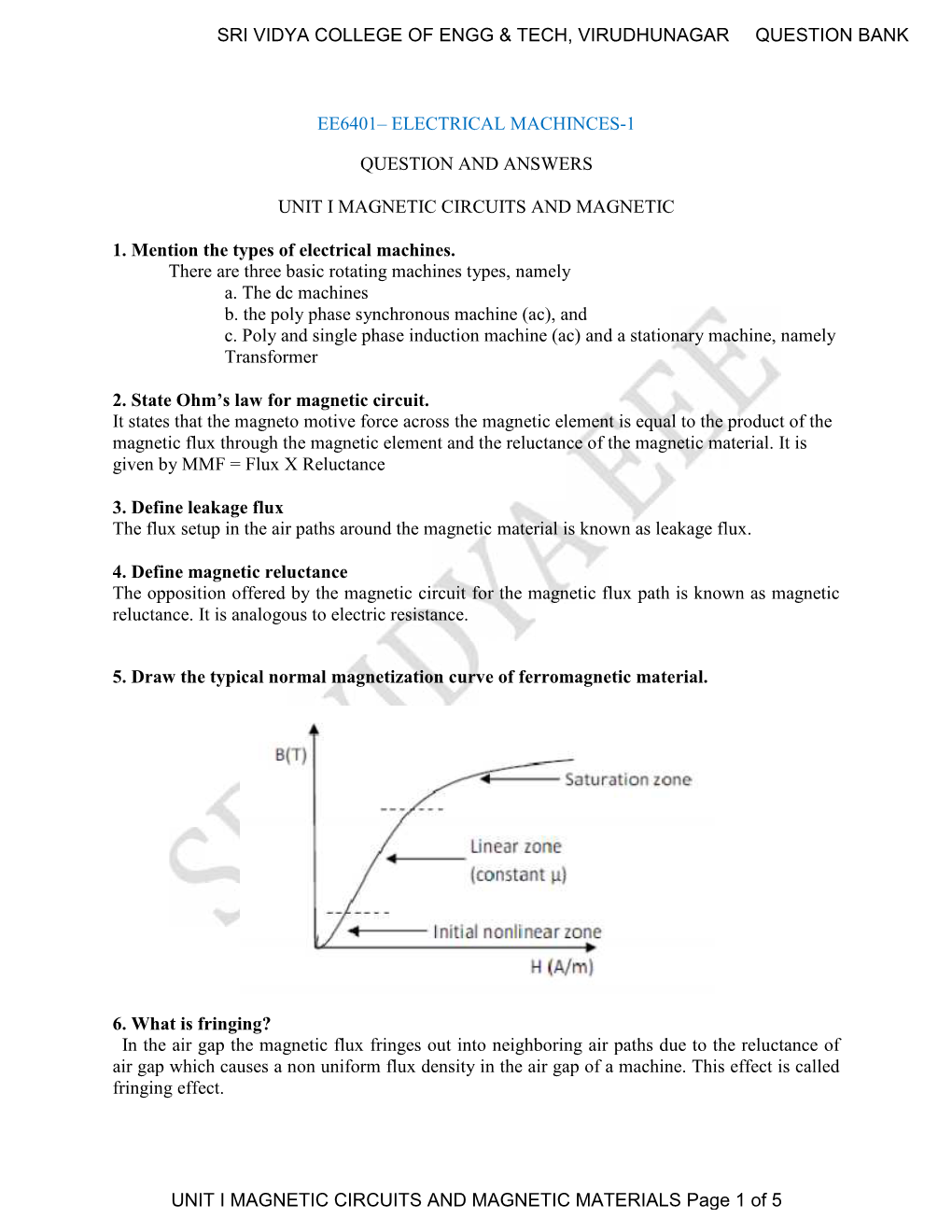 Electrical Machinces-1 Question and Answers Unit I