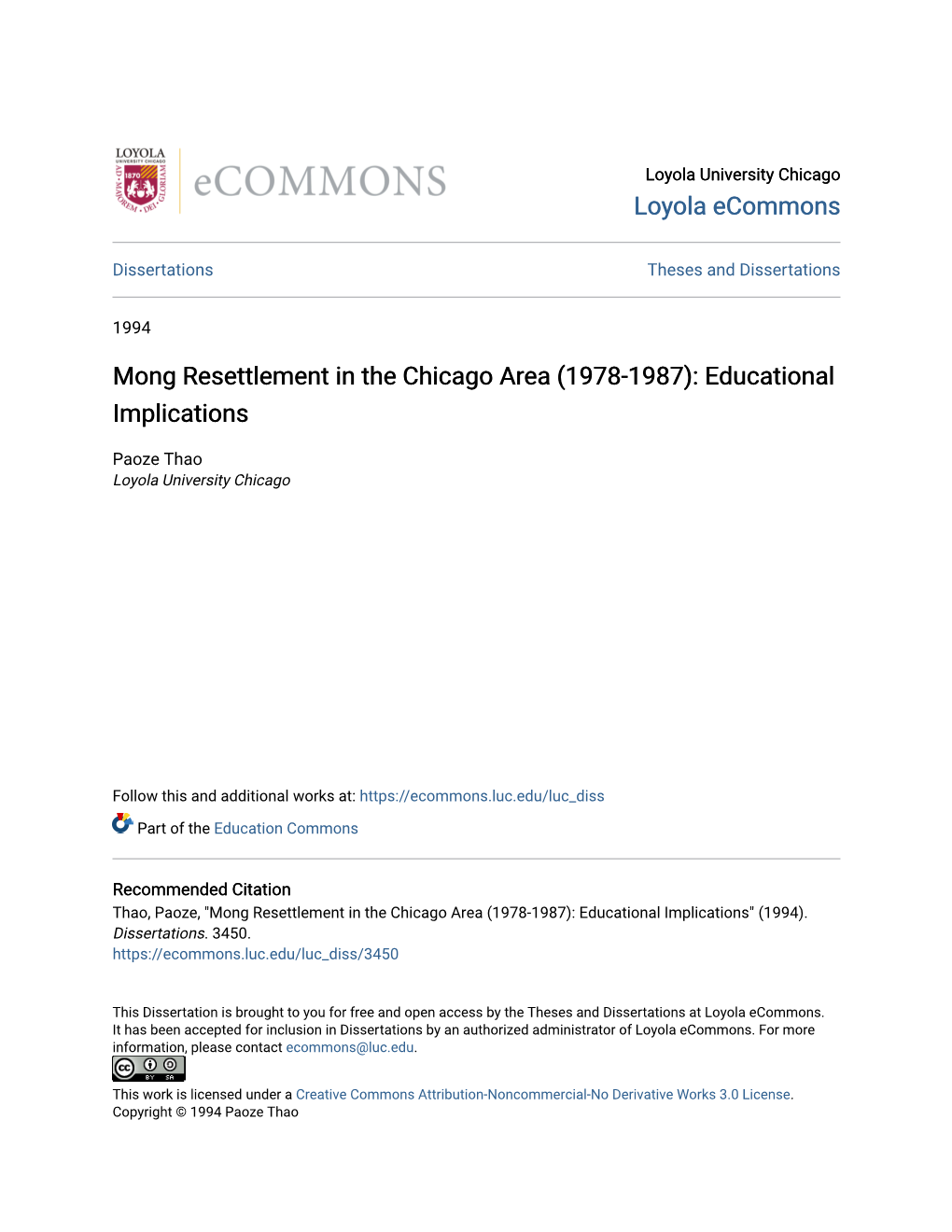 Mong Resettlement in the Chicago Area (1978-1987): Educational Implications