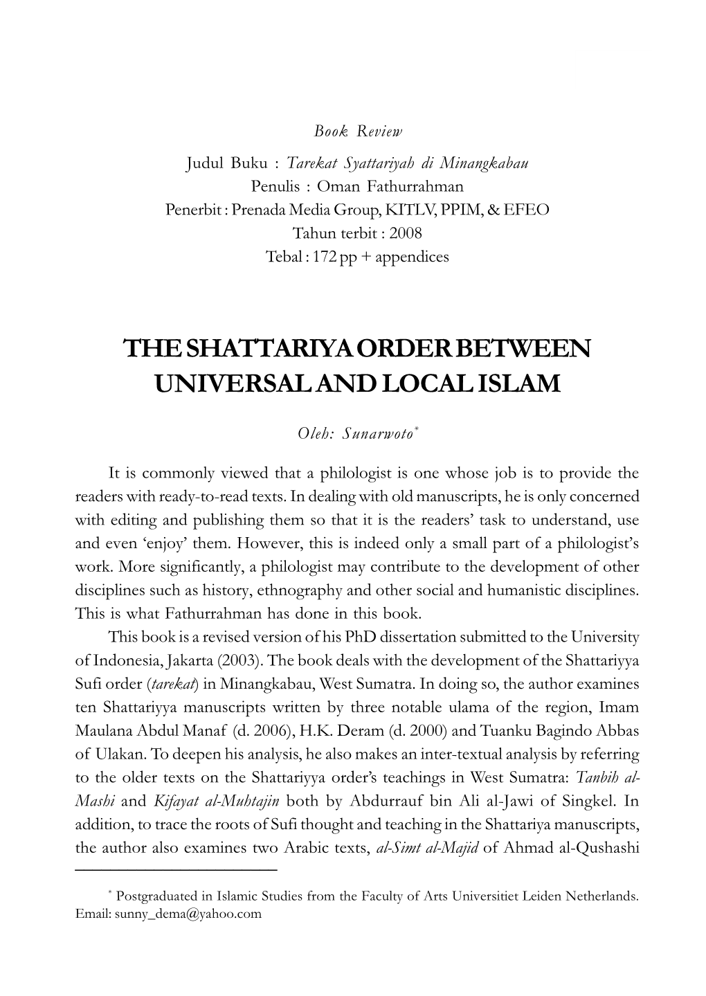 The Shattariya Order Between Universal and Local Islam