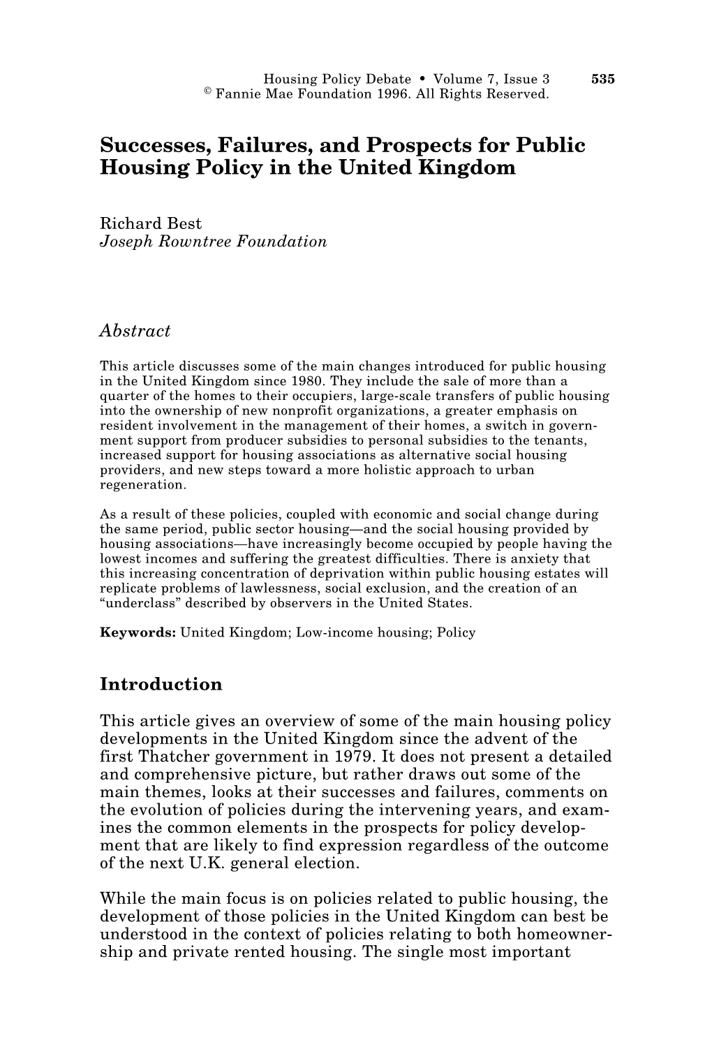 Successes, Failures, and Prospects for Public Housing Policy in the United Kingdom