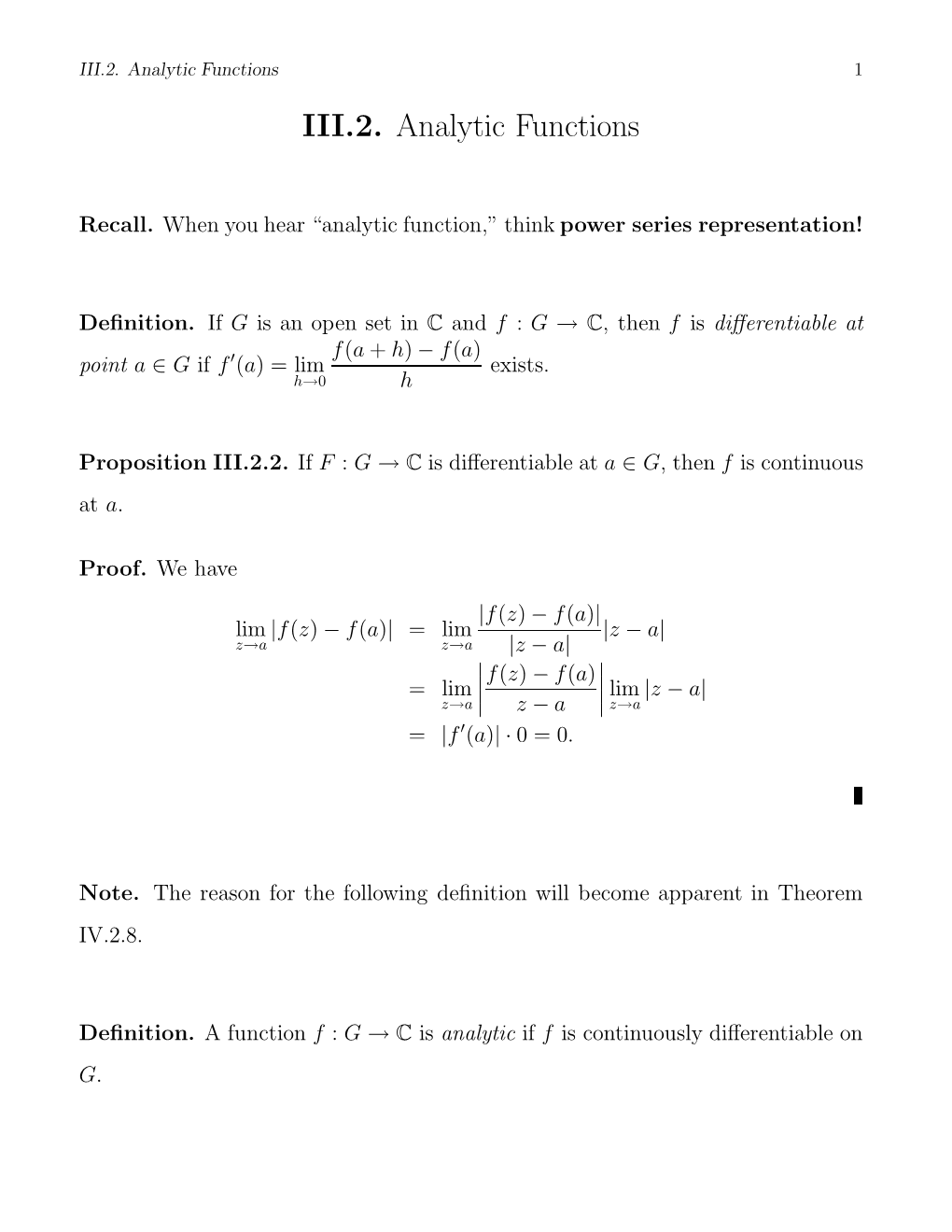 III.2. Analytic Functions 1 III.2