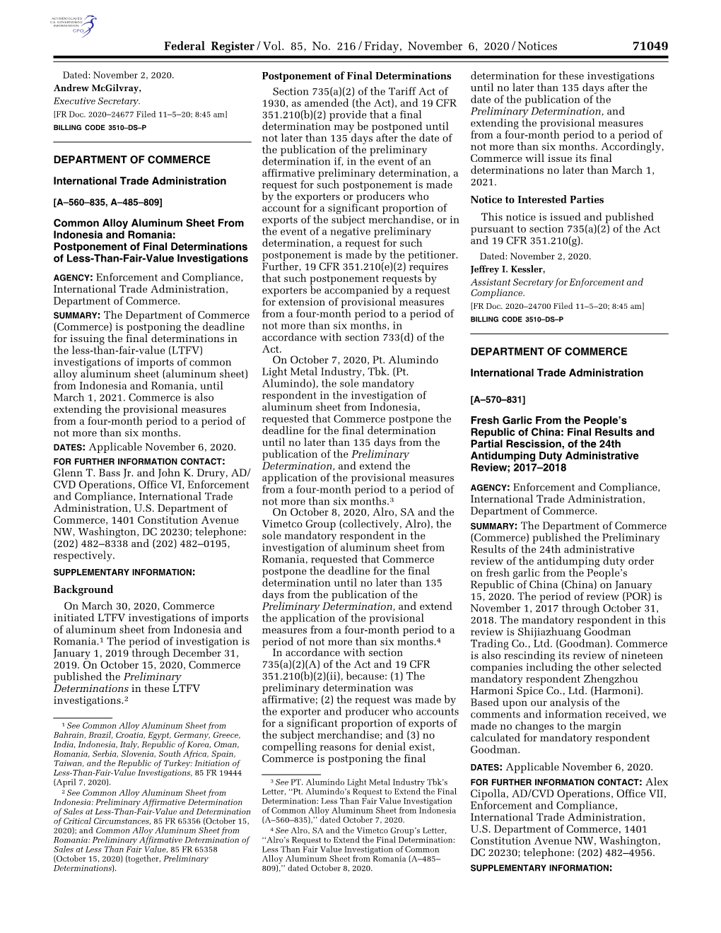 Federal Register/Vol. 85, No. 216/Friday, November 6, 2020