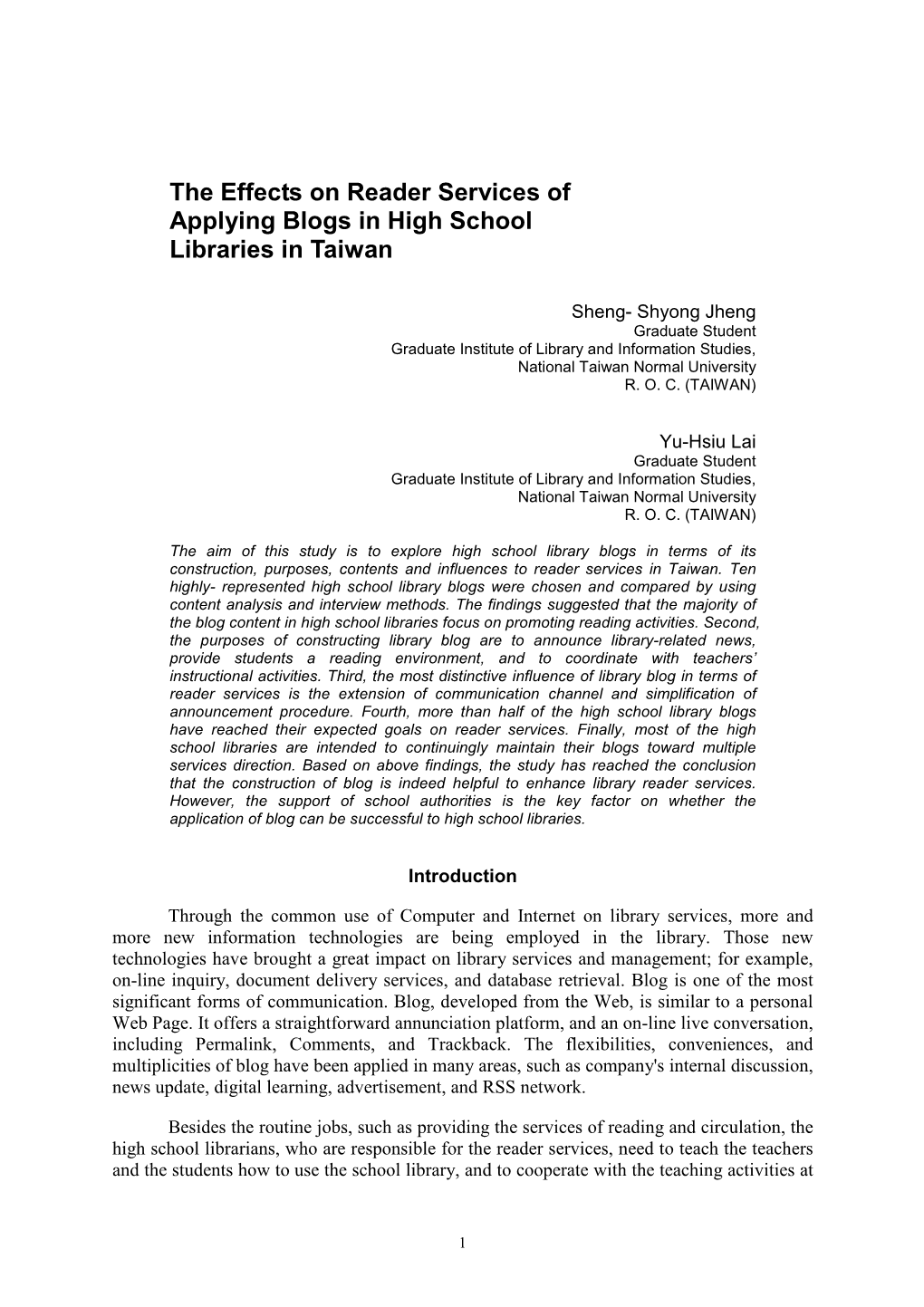 The Effects on Reader Services of Applying Blogs in High School Libraries in Taiwan