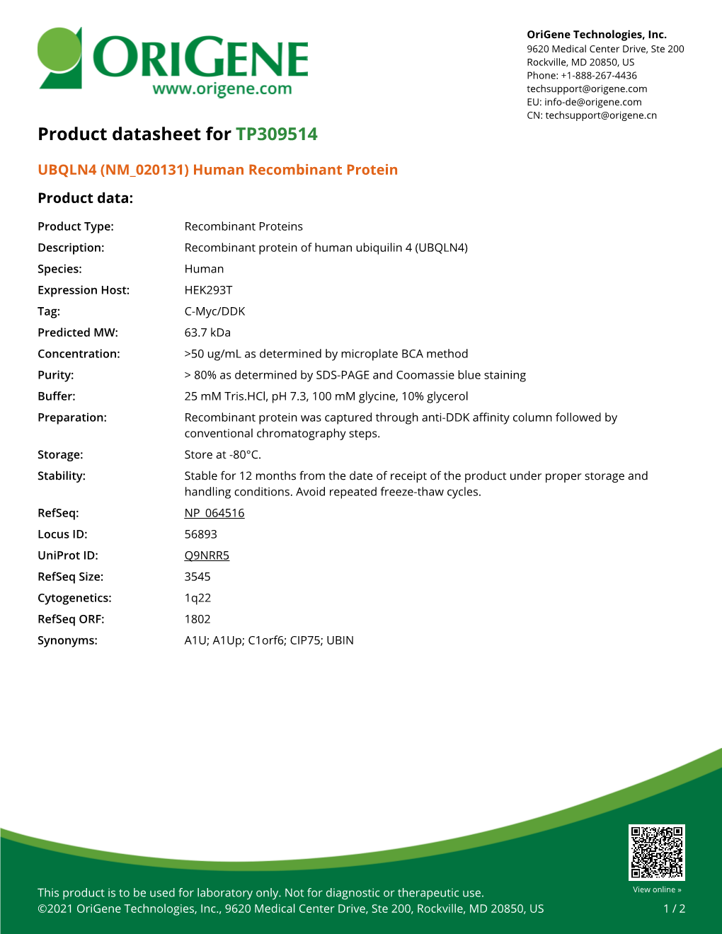 UBQLN4 (NM 020131) Human Recombinant Protein Product Data