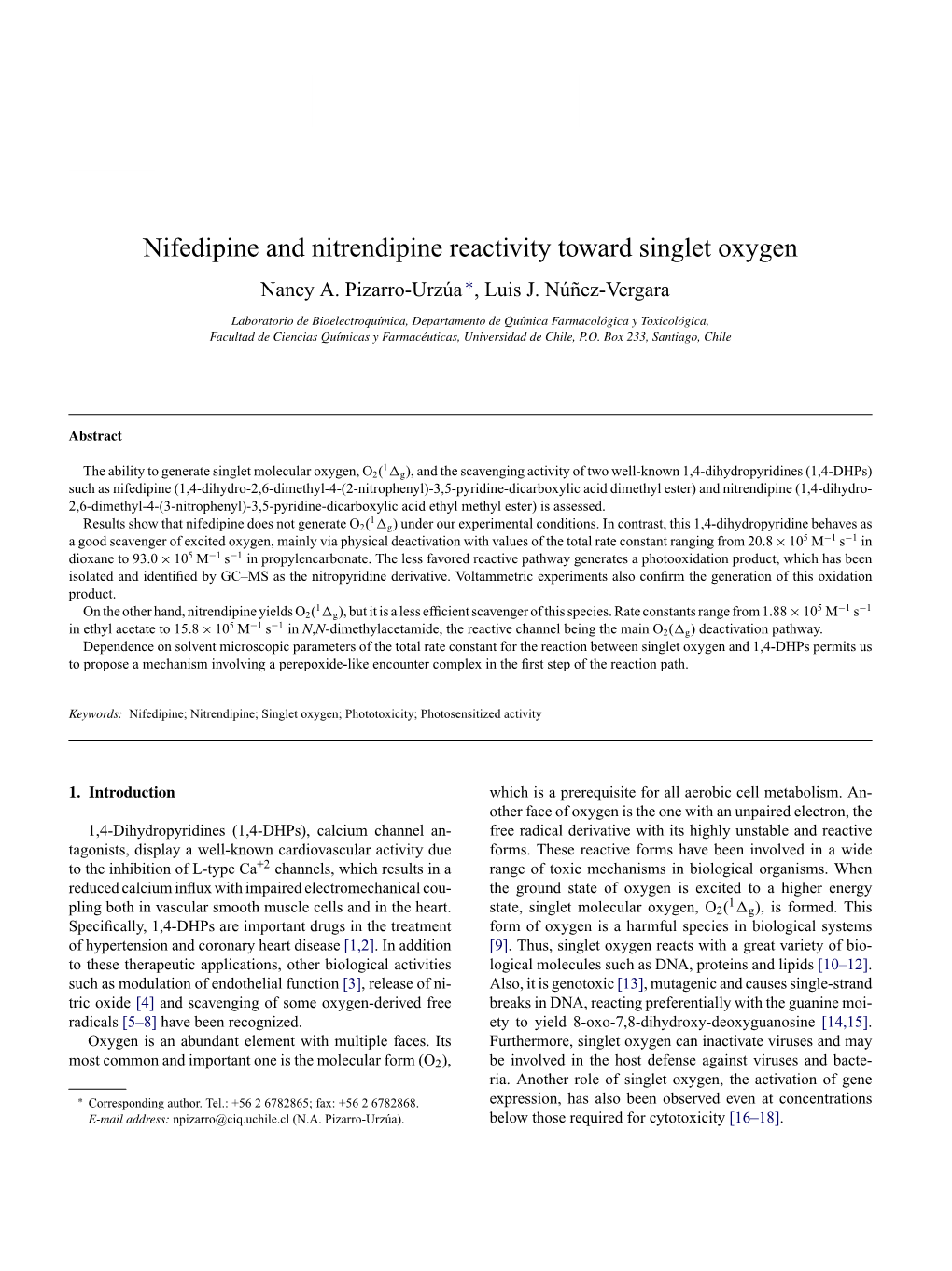 Nifedipine and Nitrendipine Reactivity Toward Singlet Oxygen Nancy A