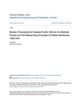 Review of Surveying the Canadian Pacific: Memoir of a Railroad Pioneer and the Railway King of Canada: Sir William Mackenzie, 1849,1923