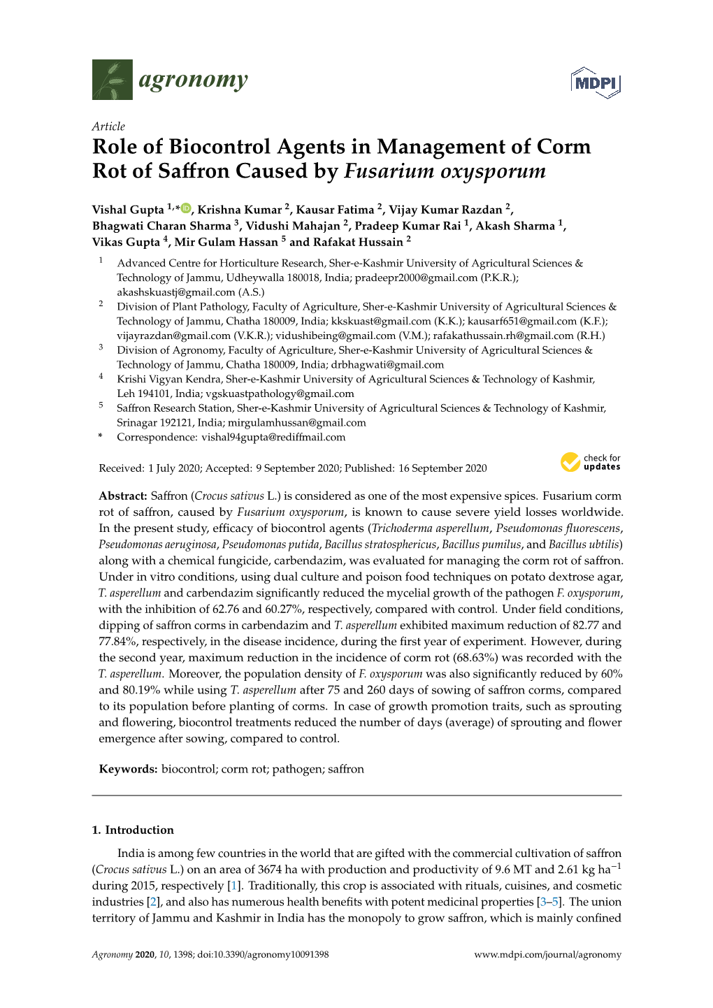 Role of Biocontrol Agents in Management of Corm Rot of Saffron