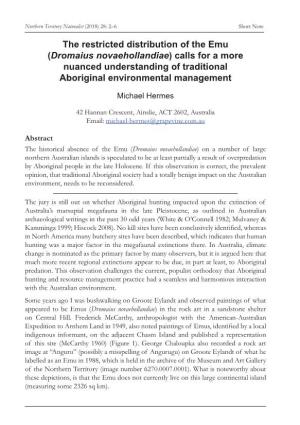 The Restricted Distribution of the Emu (Dromaius Novaehollandiae) Calls for a More Nuanced Understanding of Traditional Aboriginal Environmental Management