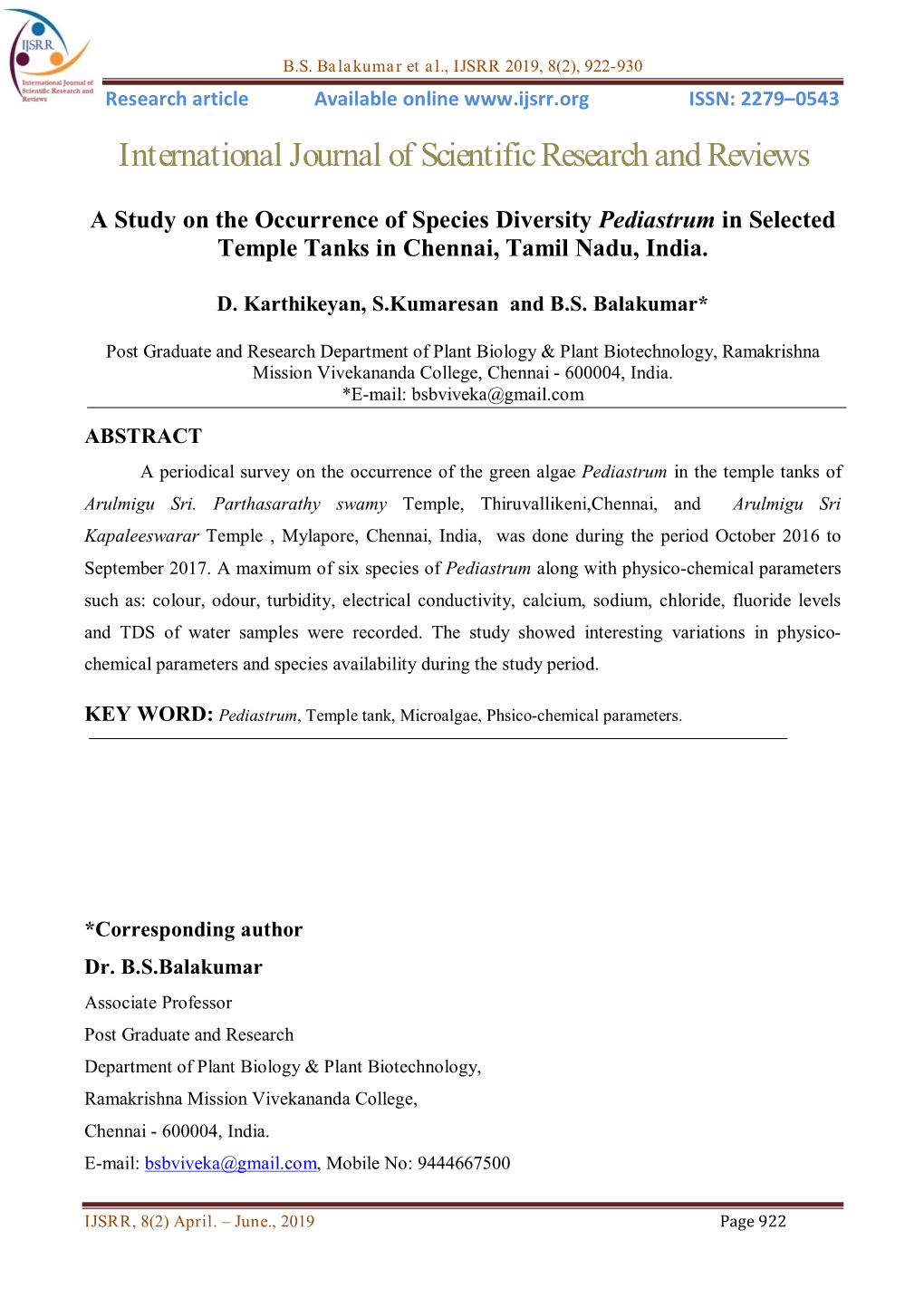 A Study on the Occurrence of Species Diversity Pediastrum in Selected Temple Tanks in Chennai, Tamil Nadu, India