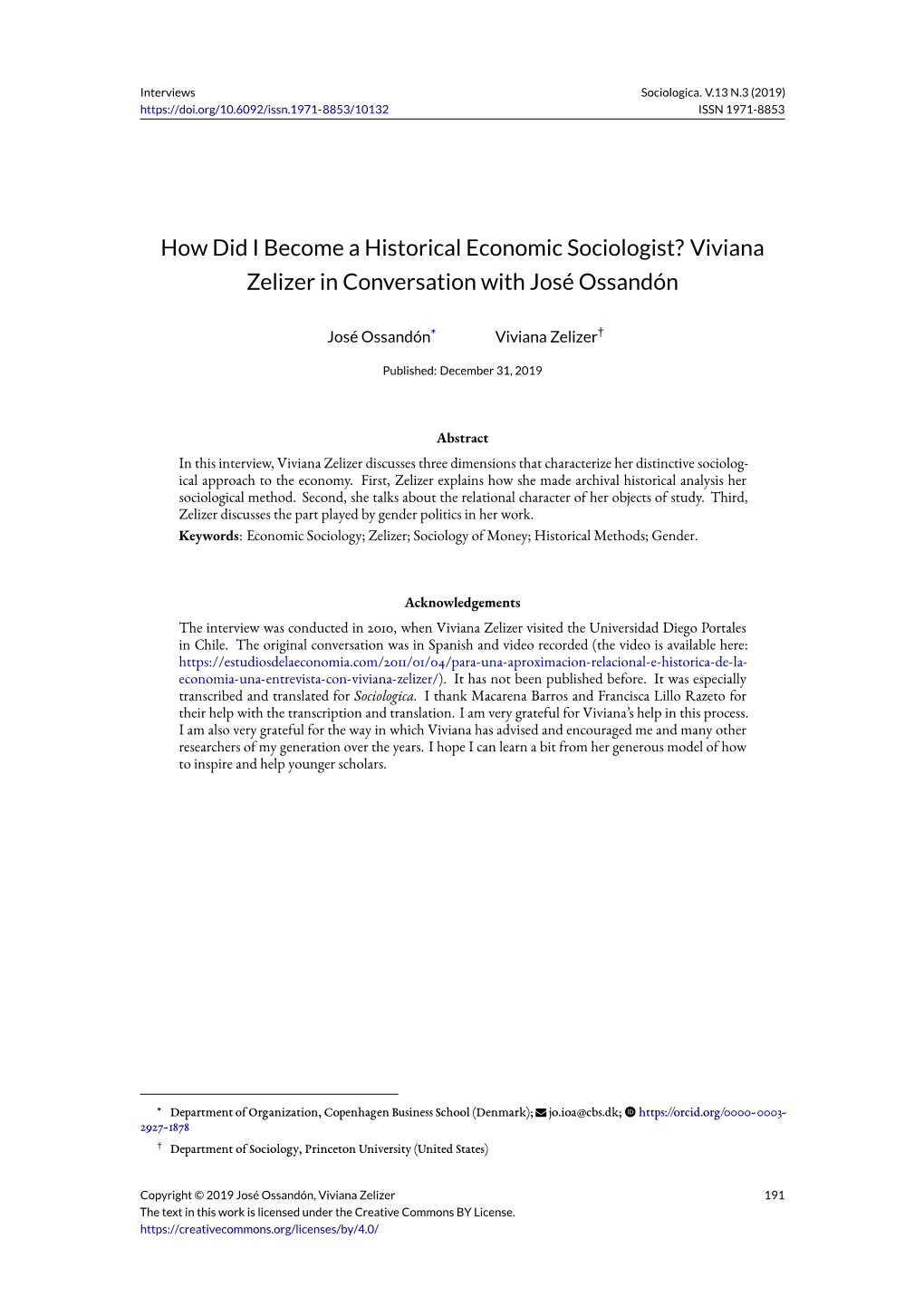 How Did I Become a Historical Economic Sociologist? Viviana Zelizer in Conversation with José Ossandón