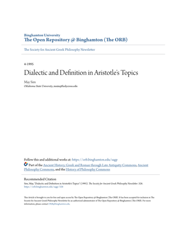 Dialectic and Definition in Aristotle's Topics May Sim Oklahoma State University, Msim@Holycross.Edu