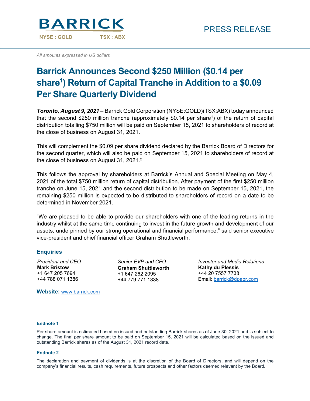 Barrick Announces Second $250 Million ($0.14 Per Share)