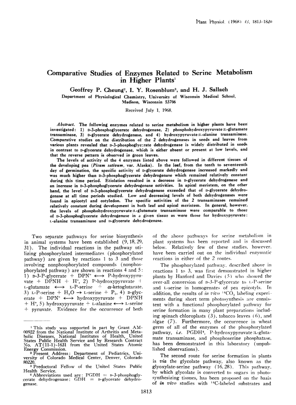 Comparative Studies of Enzymes Related to Serine Metabolism in Higher Plants'