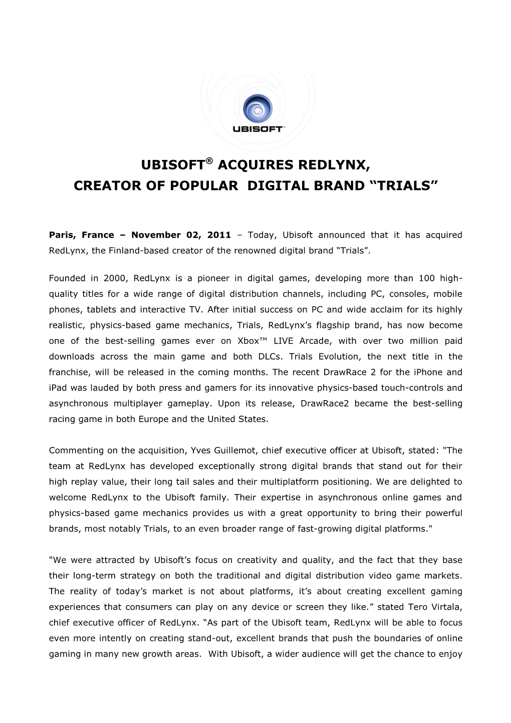 Ubisoft® Acquires Redlynx, Creator of Popular Digital Brand “Trials”