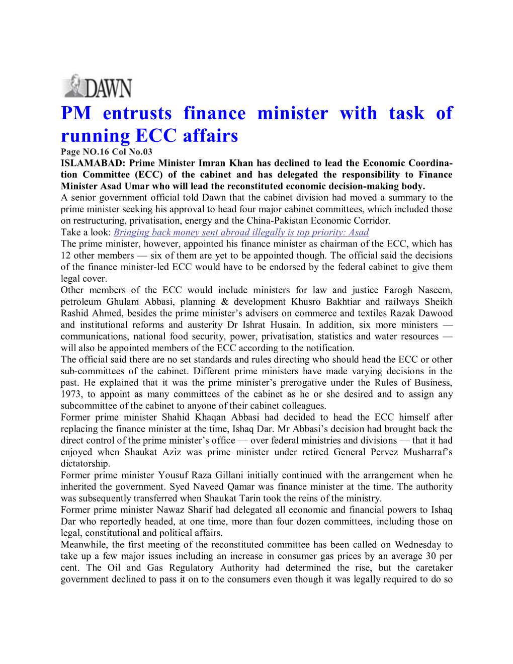 PM Entrusts Finance Minister with Task of Running ECC Affairs