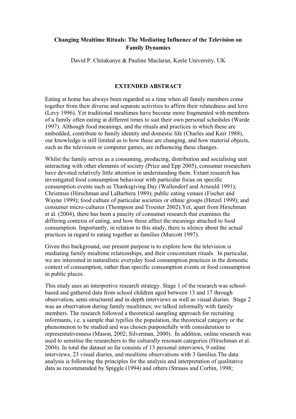 Changing Mealtime Rituals: the Mediating Influence of the Television on Family Dynamics