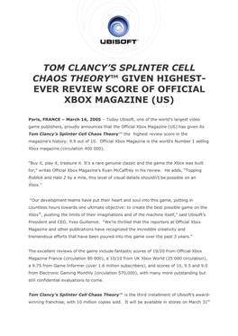 Tom Clancy's Splinter Cell Chaos Theory™ Given Highest- Ever Review Score