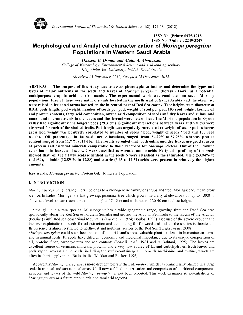 Morphological and Analytical Characterization of Moringa Peregrina Populations in Western Saudi Arabia Hussein E