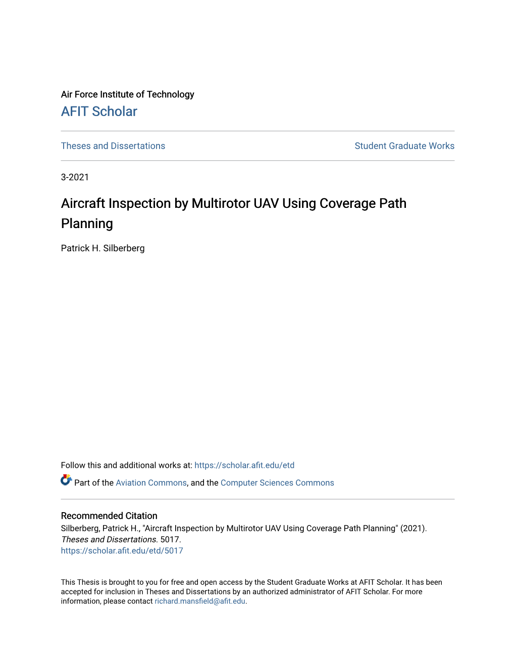 Aircraft Inspection by Multirotor UAV Using Coverage Path Planning