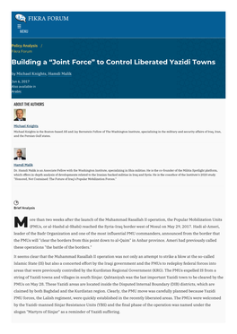 “Joint Force” to Control Liberated Yazidi Towns by Michael Knights, Hamdi Malik