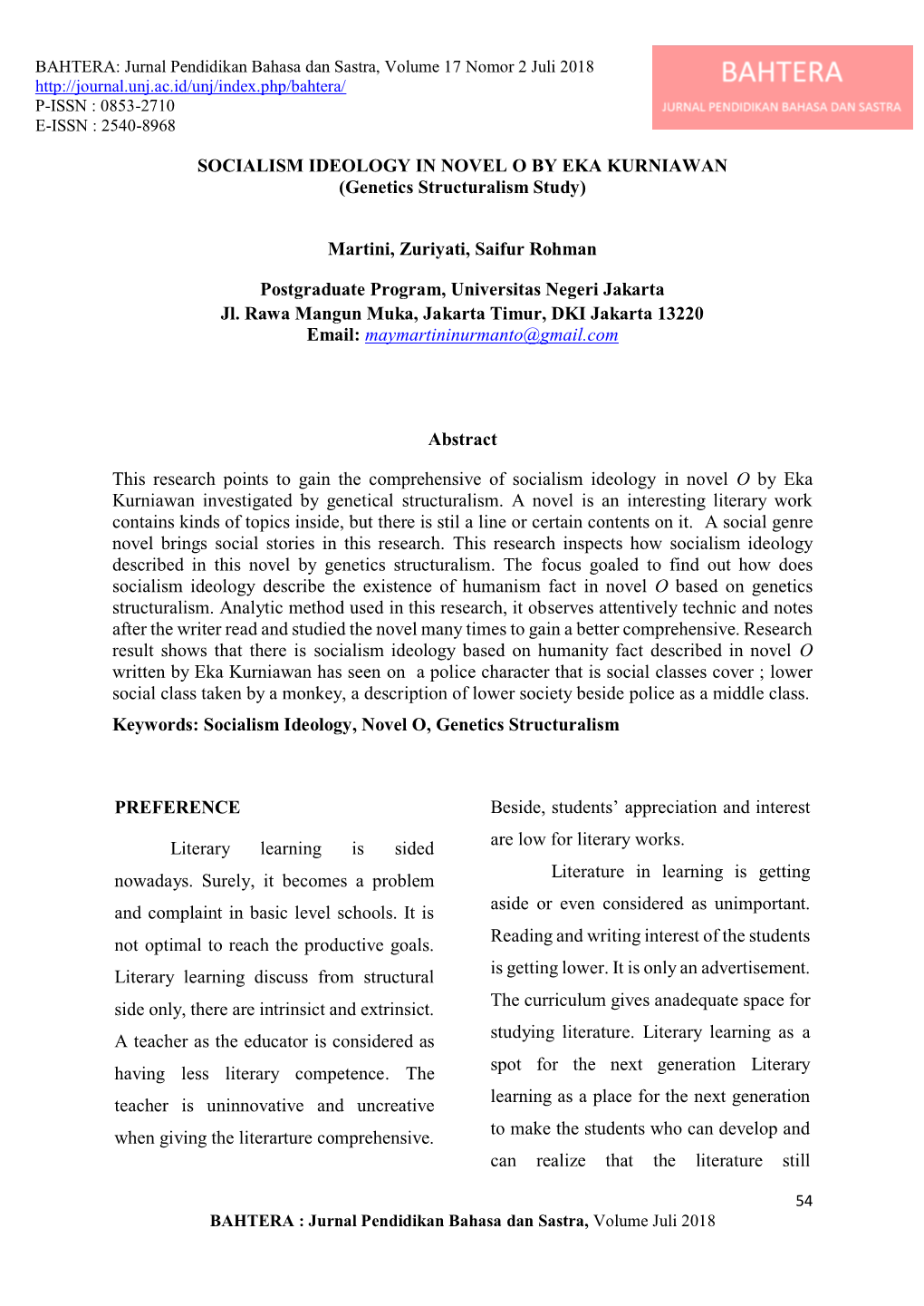 SOCIALISM IDEOLOGY in NOVEL O by EKA KURNIAWAN (Genetics Structuralism Study)