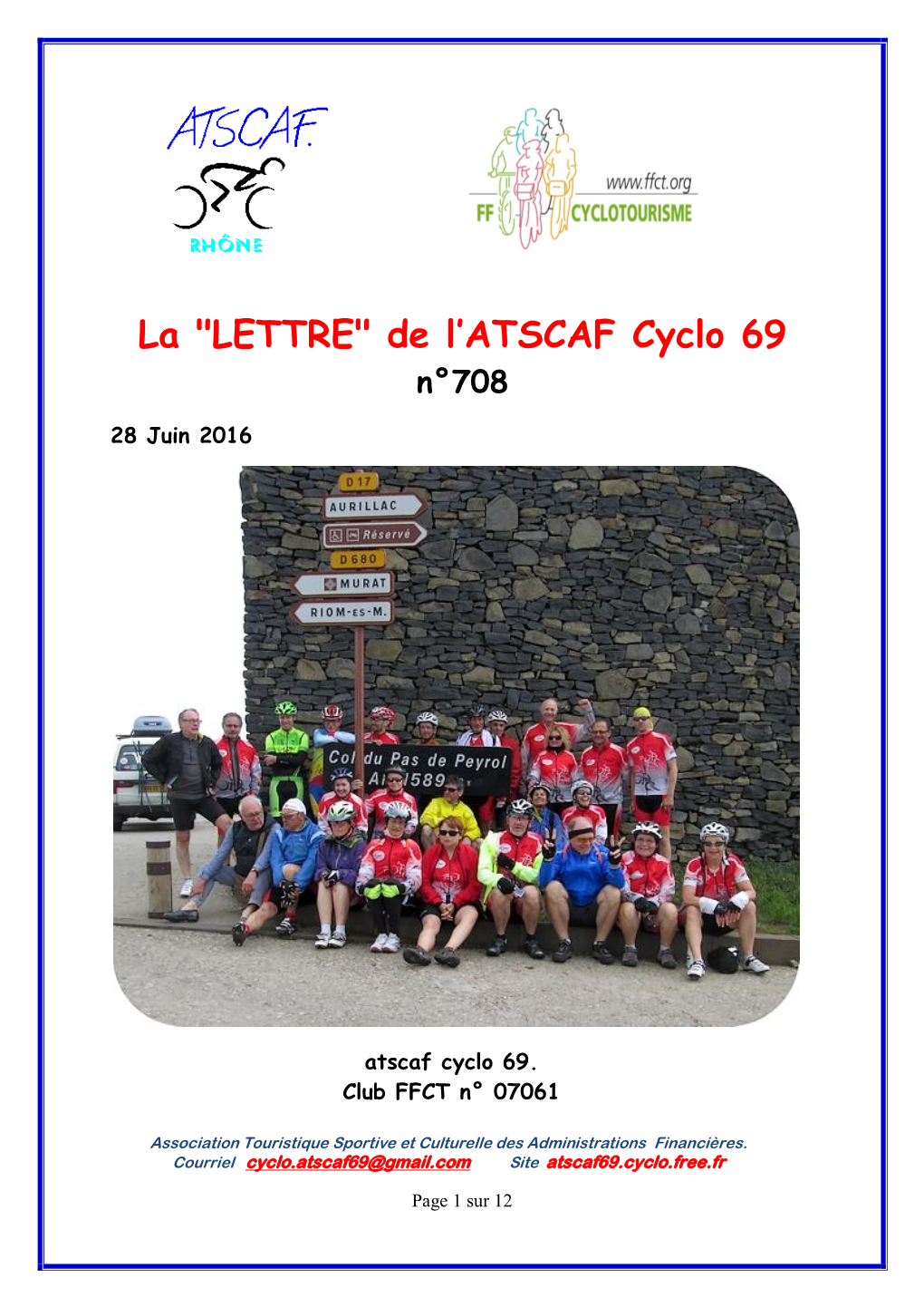 LETTRE" De L’ATSCAF Cyclo 69 N°708