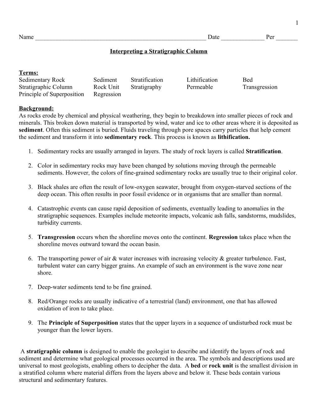 Interpreting a Stratigraphic Column